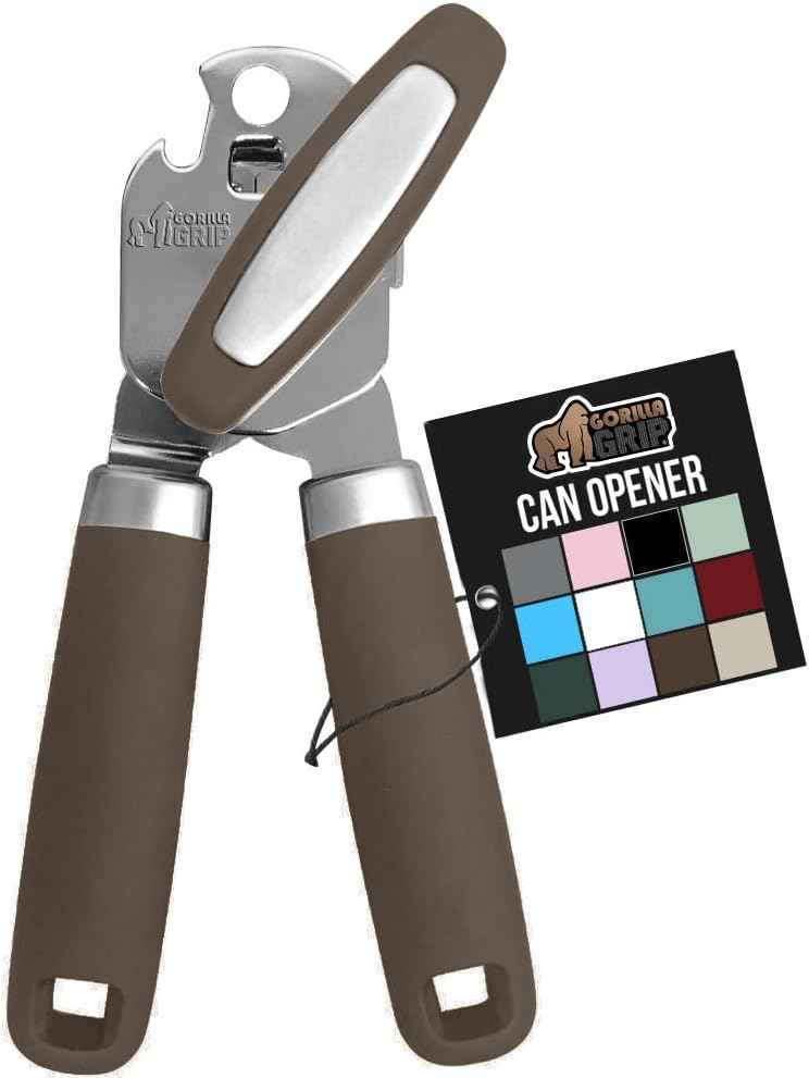 GORILLA GRIP Heavy Duty Stainless Steel Smooth Edge Manual Can Opener and Bottle Openers, Soft Comfortable Handle, Oversized Handheld Turn Knob, US Designed Multifunctional Kitchen Tool, Black