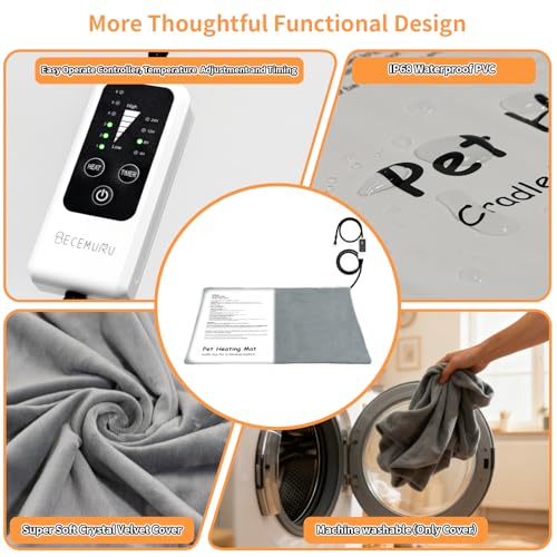 BECEMURU Pet Heating Pad for Dogs & Cats, 18x16 in, Waterproof Heated Bed with 6-Temp & Timer, Chew-Resistant Cord Electric Warm Bed for Senior Pets, Soothing Pain Relief for Arthritis