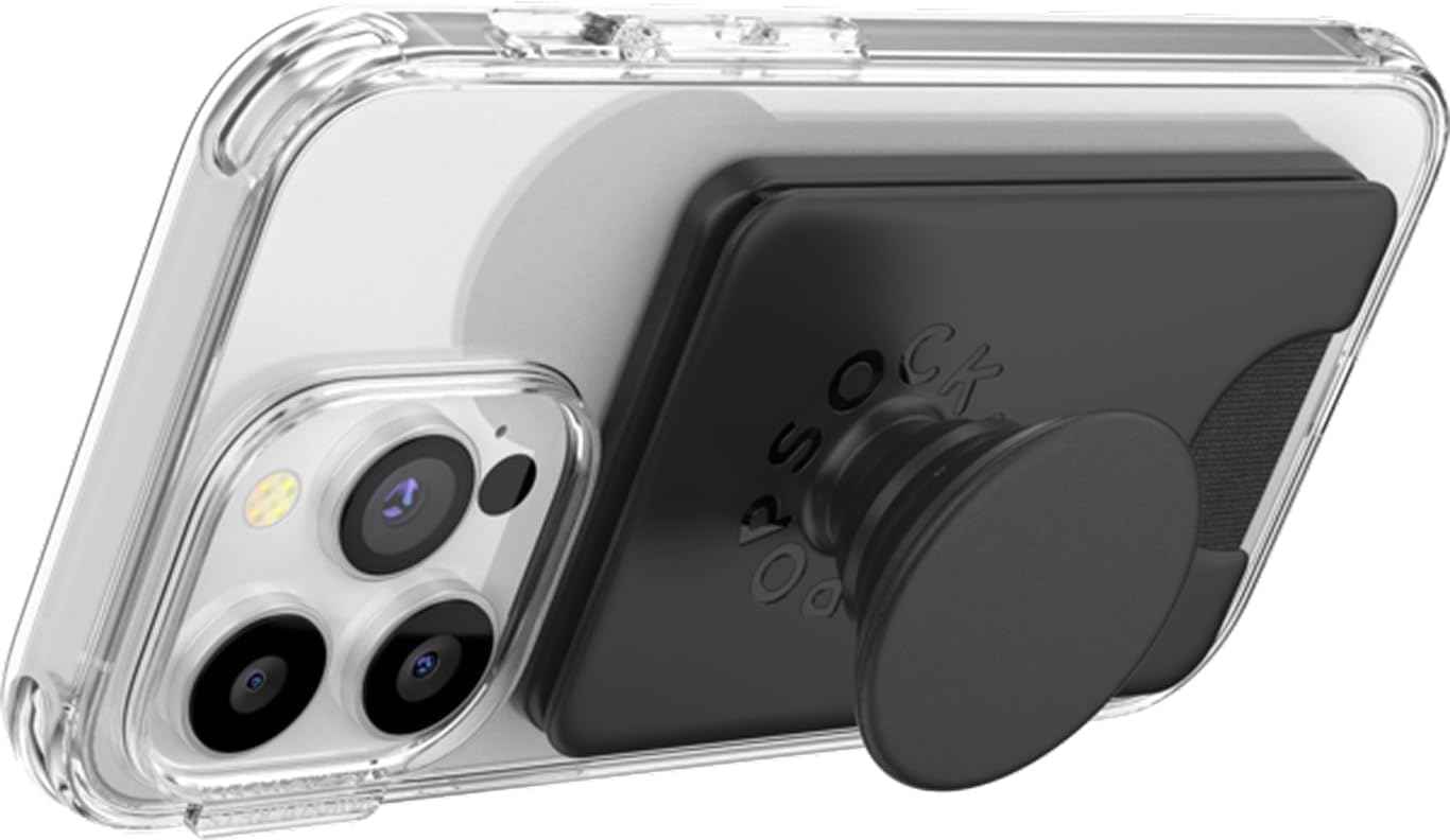 PopSockets Phone Wallet with Expanding Grip and Adapter Ring for MagSafe, Phone Card Holder, Wireless Charging Compatible, Wallet Compatible with MagSafe - Black