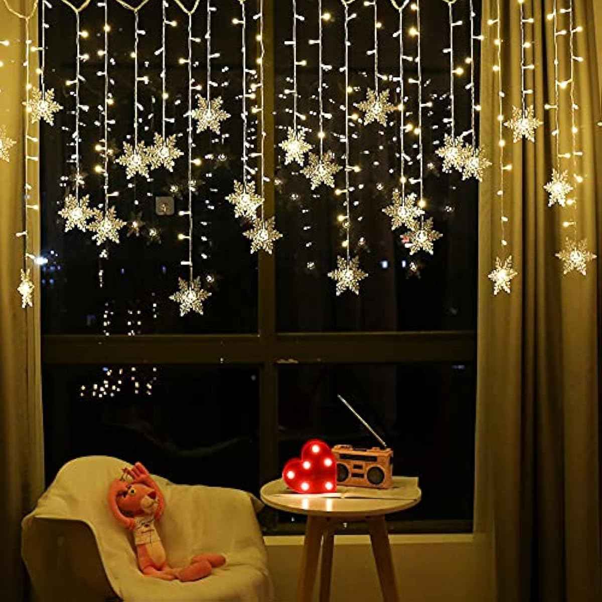 LED Curtain Lights,13ft/4M 96 LED Snowflake Curtain String Lights Plug-in Window Curtain Lights with 8 Modes Decoration for Christmas, Wedding, Party,Wall, Home Decorations (Warm White)