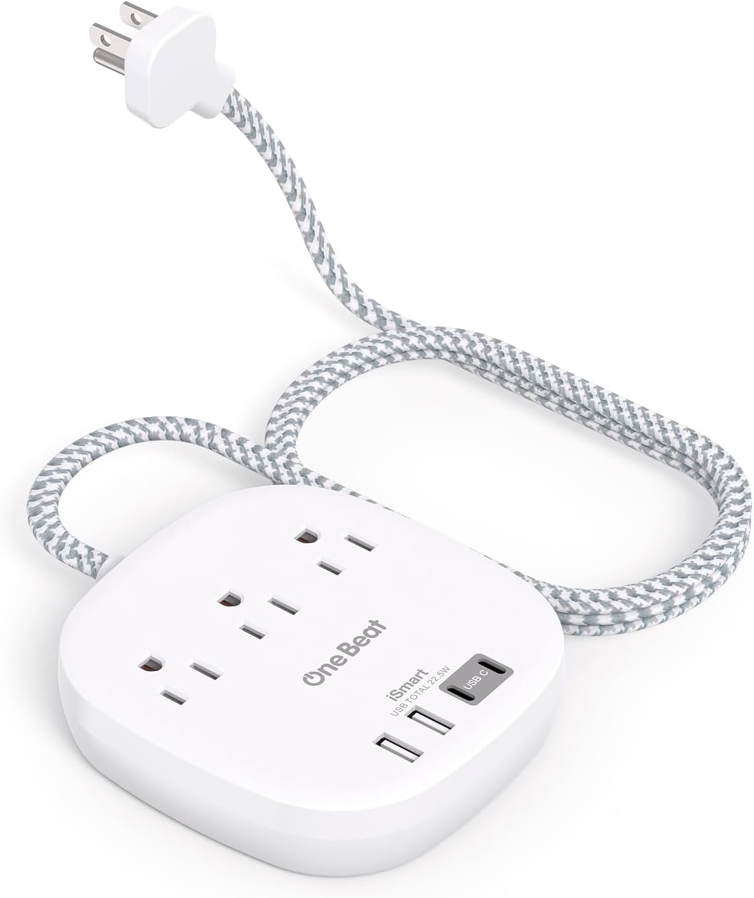 Flat Plug Power Strip – 5Ft Ultra Flat Extension Cord with 3 Outlets & 4 USB Ports (2 USB-C), 22.5W Desktop Charging Station for Cruise & Travel