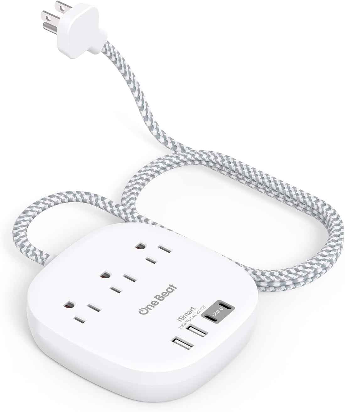 Flat Plug Power Strip, 5ft Ultra Flat Extension Cord - 3 Outlets 4 USB Ports (2 USB C) 22.5W/4.5A Desktop Charging Station, No Surge Protection for Cruise Ship, Dorm Room Travel Essentials