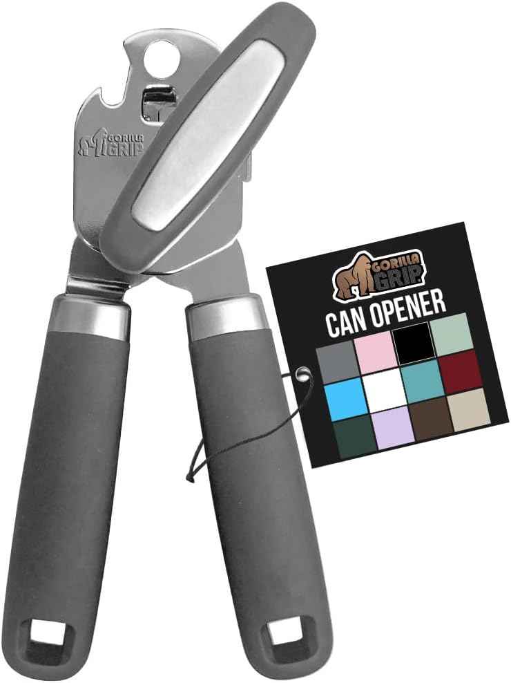 GORILLA GRIP Heavy Duty Stainless Steel Smooth Edge Manual Can Opener and Bottle Openers, Soft Comfortable Handle, Oversized Handheld Turn Knob, US Designed Multifunctional Kitchen Tool, Black