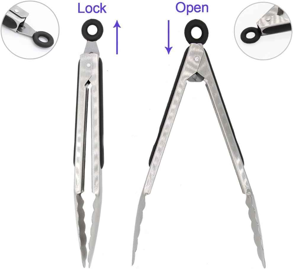 304 Stainless Steel Kitchen Cooking Tongs, 9" and 12" Set of 2 Sturdy Grilling Barbeque Brushed Locking Food Tongs with Ergonomic Grip, Black