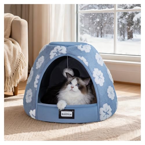 balance 2-in-1 cat bed cave with anti-slip bottom and ultra-soft plush blue 19 inches