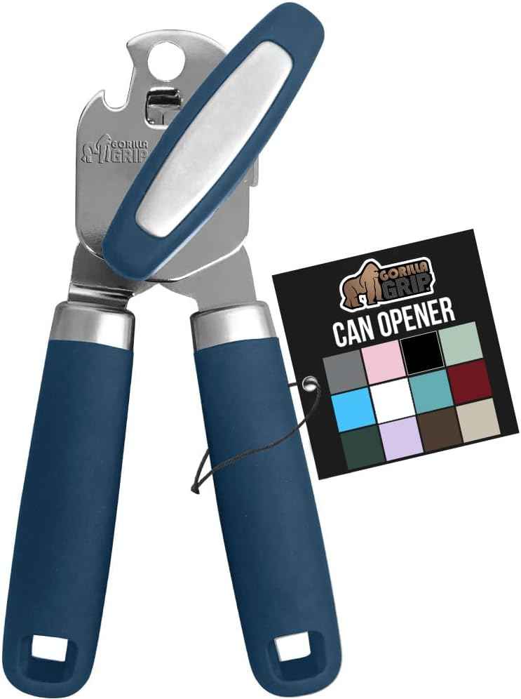 GORILLA GRIP Heavy Duty Stainless Steel Smooth Edge Manual Can Opener and Bottle Openers, Soft Comfortable Handle, Oversized Handheld Turn Knob, US Designed Multifunctional Kitchen Tool, Black