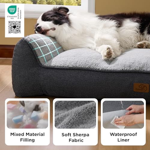 Bedsure SupportMax XL Orthopedic Dog Beds Large Sized Dog - Extra Thick Supportive Dogs Couch with Waterproof Washable Cover, Extra Large Comfort Pet Sofa with Soft Sherpa & Nonskid Bottom, Grey, 42"