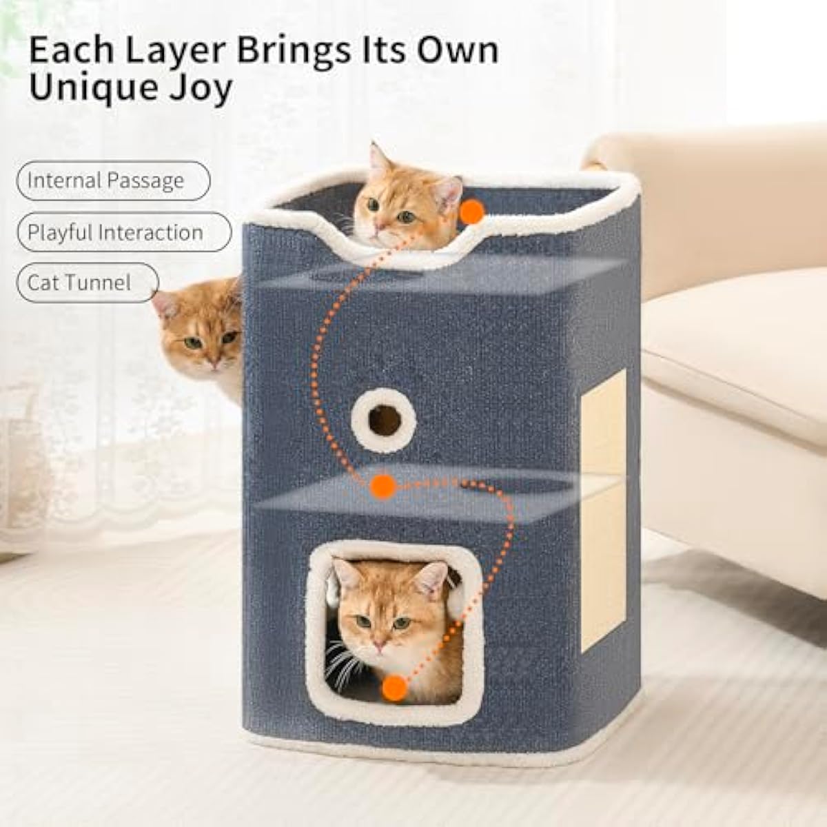 Cat House, Cat Beds for Indoor Cats, 2-Story Cat Condo Cube with Scratch Pad and Fluffy Ball Hanging, Multi-Level Cozy Hideout Ideal for Multiple Cats