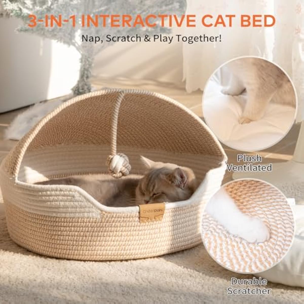 CHEERPALS Cat Basket Bed for Indoor Cats, Covered Pet Bed with Washable Cushion and Ball Rope Cotton Bed for Medium and Large Cat, All Season Universal(White)