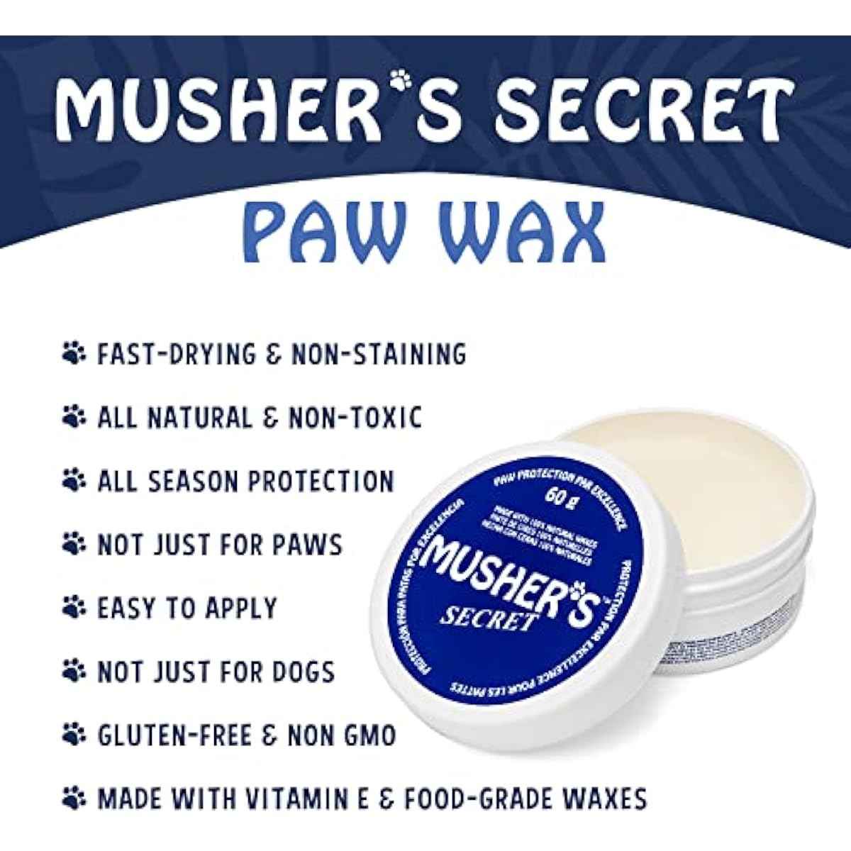 Musher's Secret Dog Paw Wax 60g – Moisturizing Dog Paw Balm – Helps Protect & Heals Cracked Paws – Creates an Invisible Paw Protectors Barrier – All-Natural Nose & Paw Balm with Vitamin E