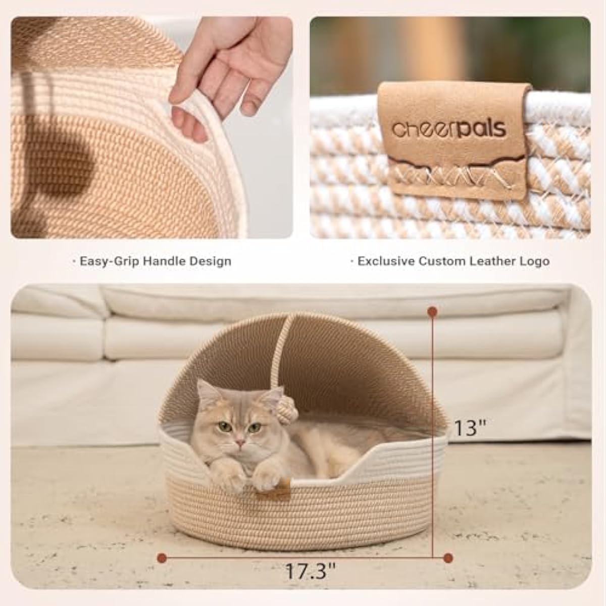 CHEERPALS Cat Basket Bed for Indoor Cats, Covered Pet Bed with Washable Cushion and Ball Rope Cotton Bed for Medium and Large Cat, All Season Universal(White)