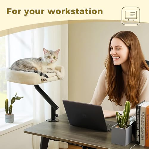 PAWZ Road Cat Desk Bed for Indoor Cats, Cat Bed for Desk Supports Up to 50 lbs, 360° Rotation & Adjustable, Nest Desktop Attachment Cats Hammock for Table, White