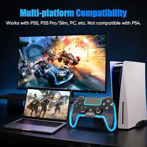 BETMI Wireless Controller for PS5, Pro/Slim/MAC/Steam Deck/PC, Hall Effect Joystick, Dual Vibration/Marco/Turbo, 3.5mm Jack, 6-Axis, Mute Key, LED Gamepad with Speaker (4 Lighting Effects, 9 Light Colors)
