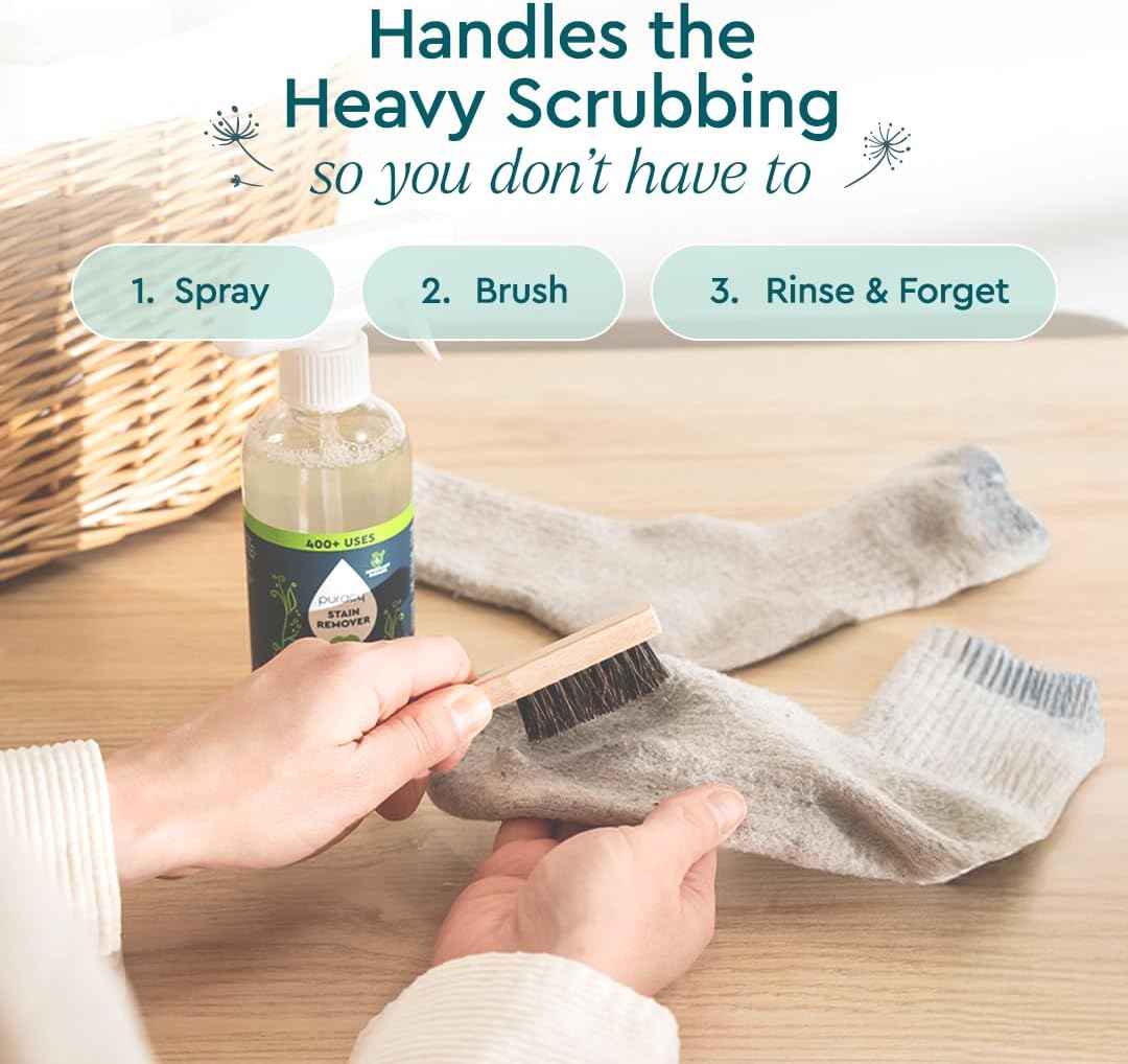 Puracy Laundry Stain Remover Brush for Tough, Deep, and Aged Clothing Stains, with Vegan Bristles for Safe and Effective Stain and Odor Elimination