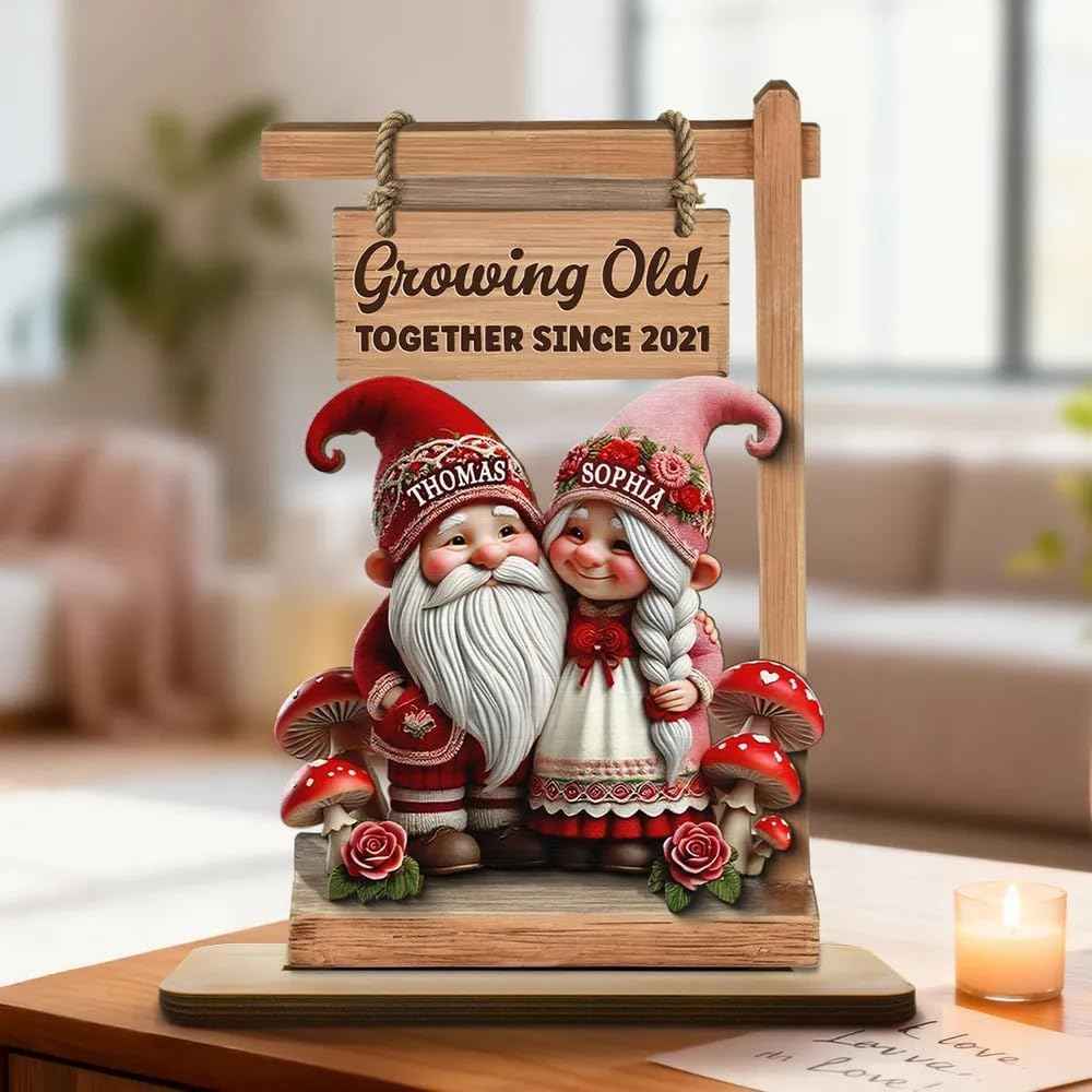 Personalized Gnome Couple Sign, Custom Names Romantic Gnome Love Wooden Table Sign, Cute Couple Home Decor, Anniversary Valentine Gift for Husband Wife