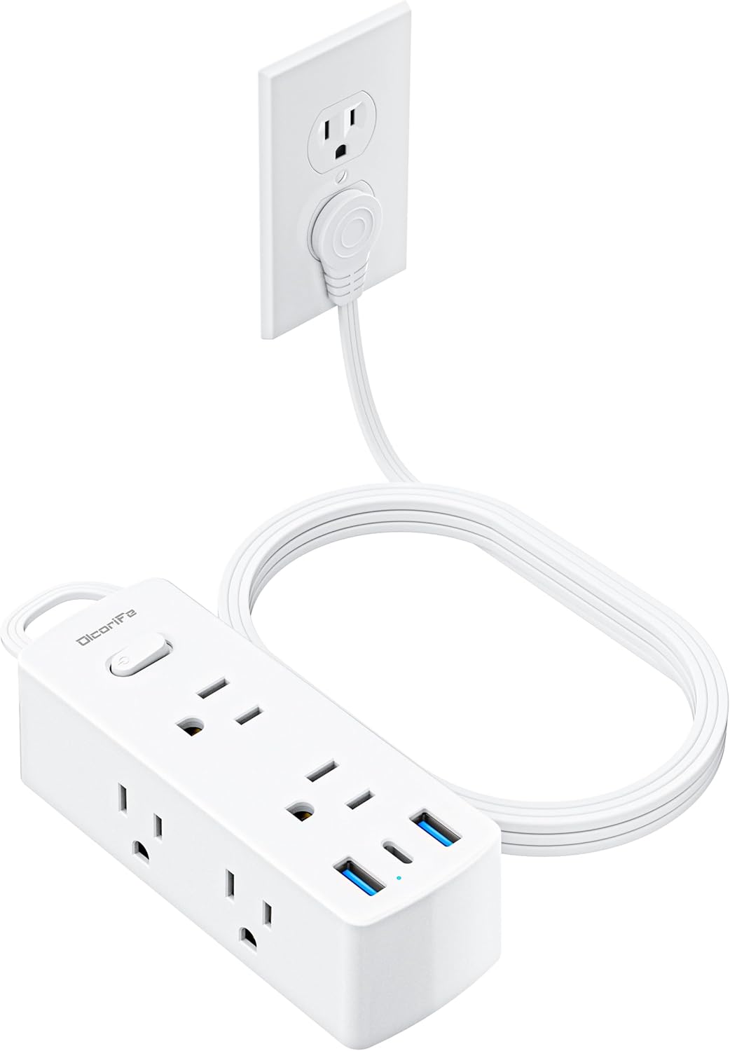Power Strip Surge Protector, Olcorife Ultra Thin Flat Plug Extension Cord 5ft, 6 Outlets 3 USB Ports(1 USB C), 3 Sided Outlet Extender for Home Office Travel Dorm Room Essentials, White