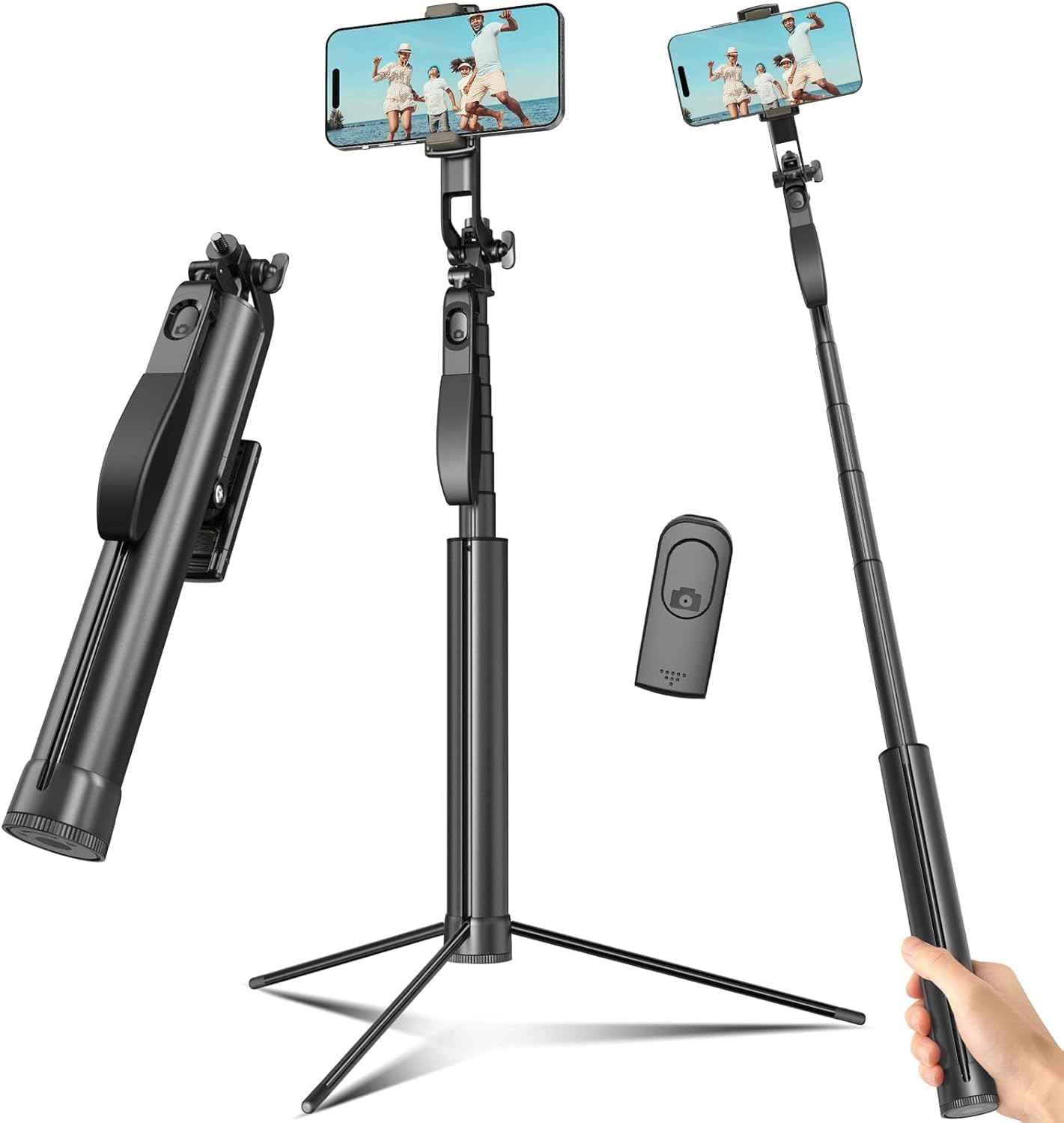 Selfie Stick Travel Tripod for Cell Phone with Remote Control and Phone Holder, Extendable Selfie Stick for iPhone, iPhone Tripod for Video Recording, 50 Inch, Black