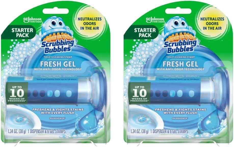Scrubbing Bubbles Fresh Gel Toilet Bowl Cleaning Stamps, Helps Keep Toilet Clean and Helps Prevent Limescale & Rings, Rainshower Scent, 1 Dispenser with 6 Fresh Gel Stamps