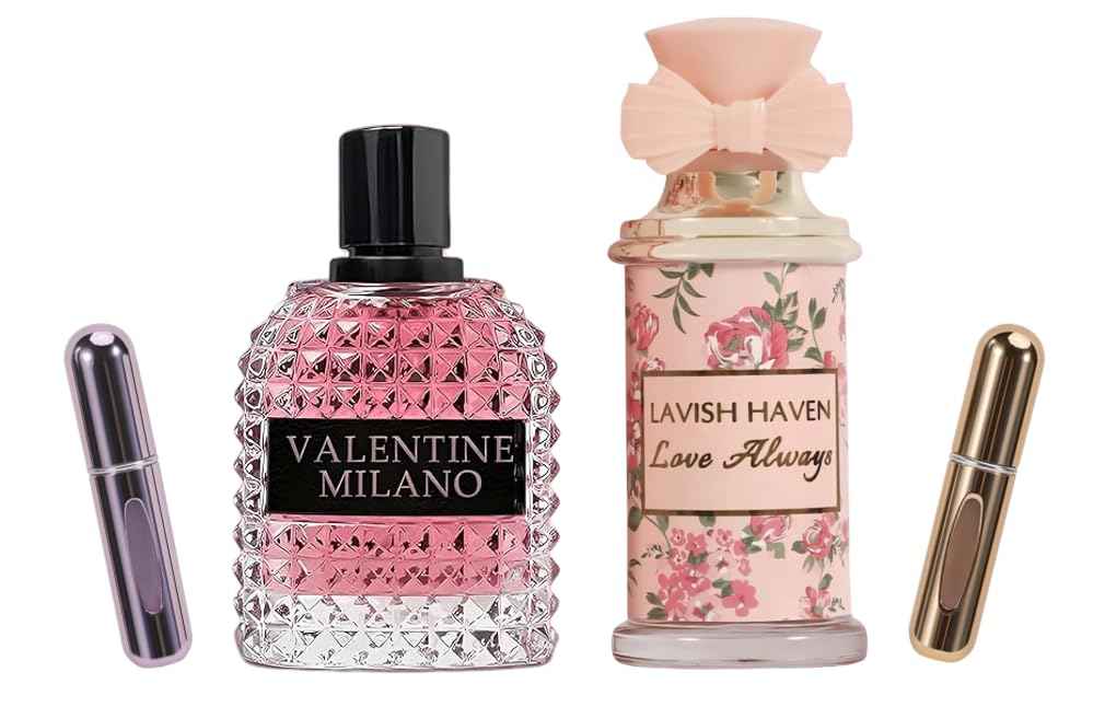 Valentine Milano Couple Set Perfume Gift Set for Women/Men EDP – (100ml x2) Amber Floral & Oriental Scents, Cologne with a Modern Twist Elegant, Plus 2 Refillable 5ml Travel Spray Bottles.