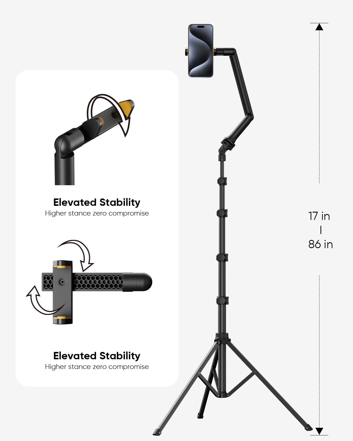 TODI 86" Tripod for iPhone, Phone Tripod Stand with Flexible Arm & Selfie Stick Remote, Extra-Length Legs Cell Phone Stand for Video Recroding, Compatible with iPhone Android, Camera