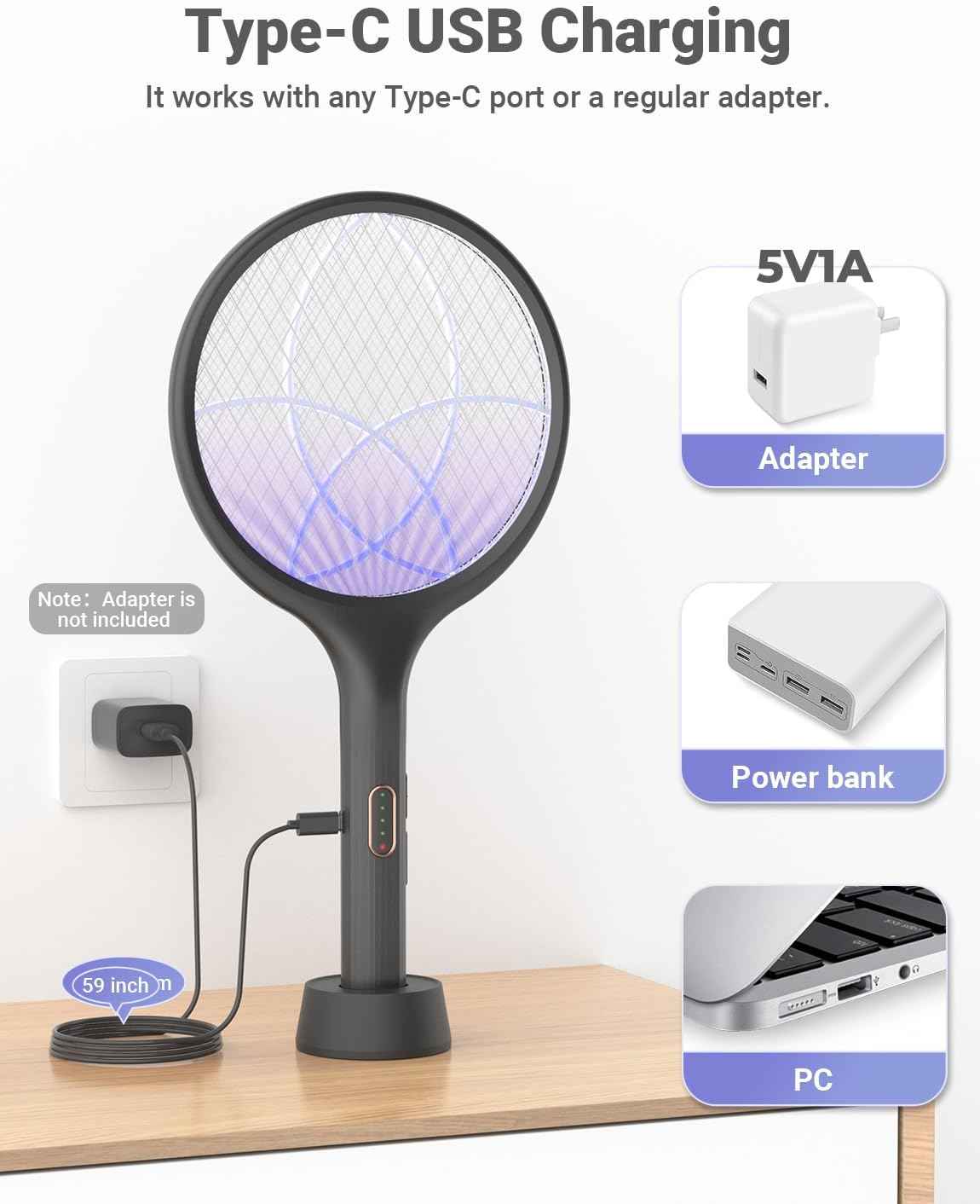 YISSVIC Electric Fly Swatter Bug Zapper Racket Dual Modes Mosquito Killer with Purple Mosquito Light Rechargeable for Indoor Home Office Backyard Patio Camping