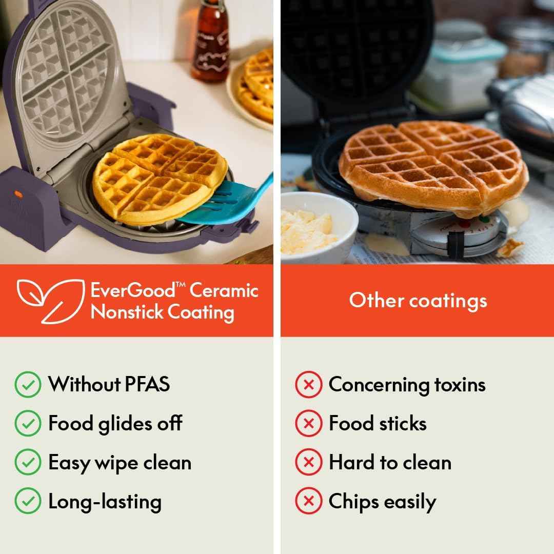 bella Flip-n-Store Waffle Maker, EverGood™ Ceramic Nonstick Coating, Fits-anywhere™ Kitchenware, Power Indicator Light & Touch Handle, 7” Wide & 1" Deep Plates, 1000 Watt, Plum