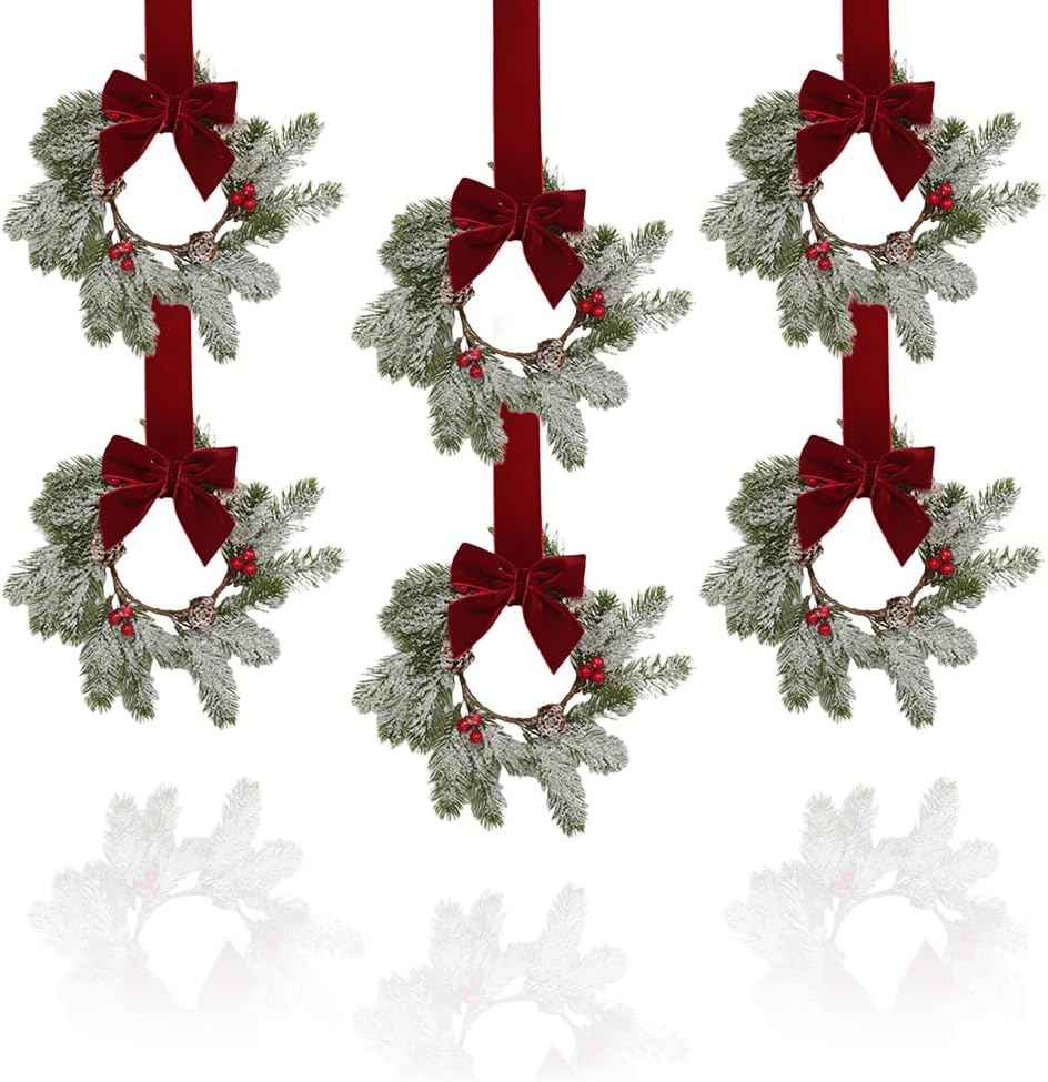 Small Christmas Wreath, 6 Pcs 6" Mini Christmas Wreaths for Cabinets, Small Cabinet Wreaths for Kitchen Cabinet Window Door Farmhouse Christmas Party Decorations Candle Rings Fireplaces (A)