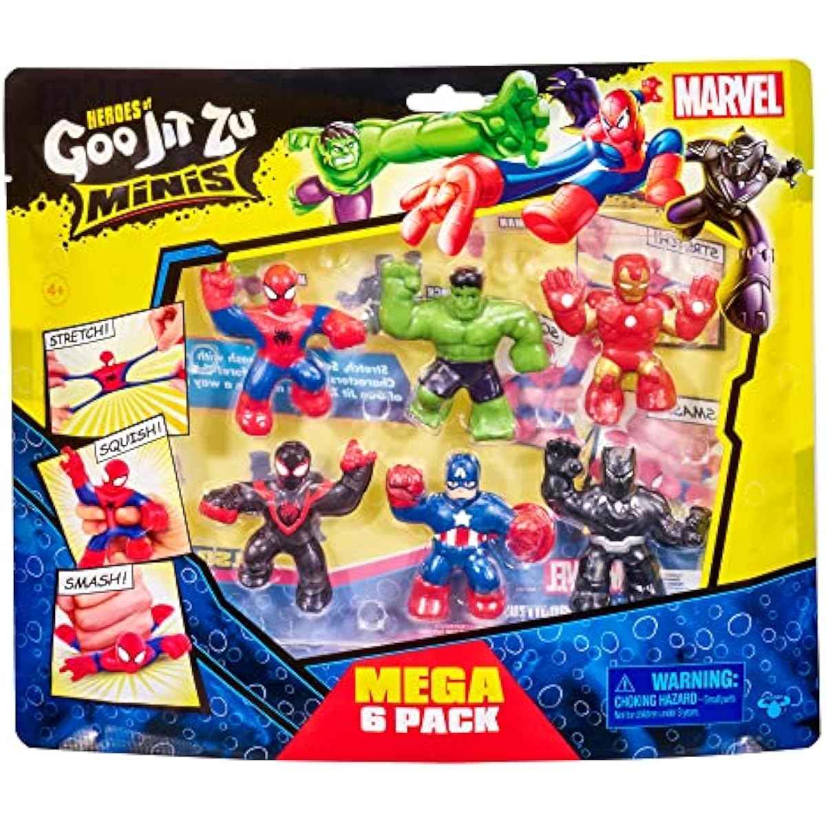 Heroes of Goo Jit Zu Marvel Mega Mini 6 Pack - Squishy, Stretchy, Gooey Mini Heroes - Ironman, Spider-Man, Captain America, Miles Morales, Hulk and Black Panther