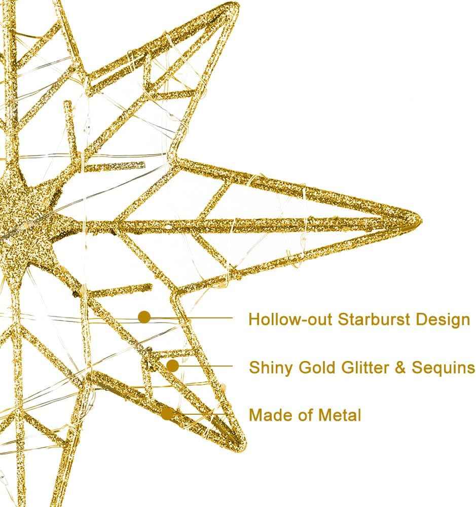 hogardeck Christmas Tree Topper, 11 Inches Lighted Gold Glittered 8-Point Star Tree Topper, 30 LED Sparkling Tree Toppers Christmas Decorations, Battery Powered Timer Xmas Treetop Star Decor