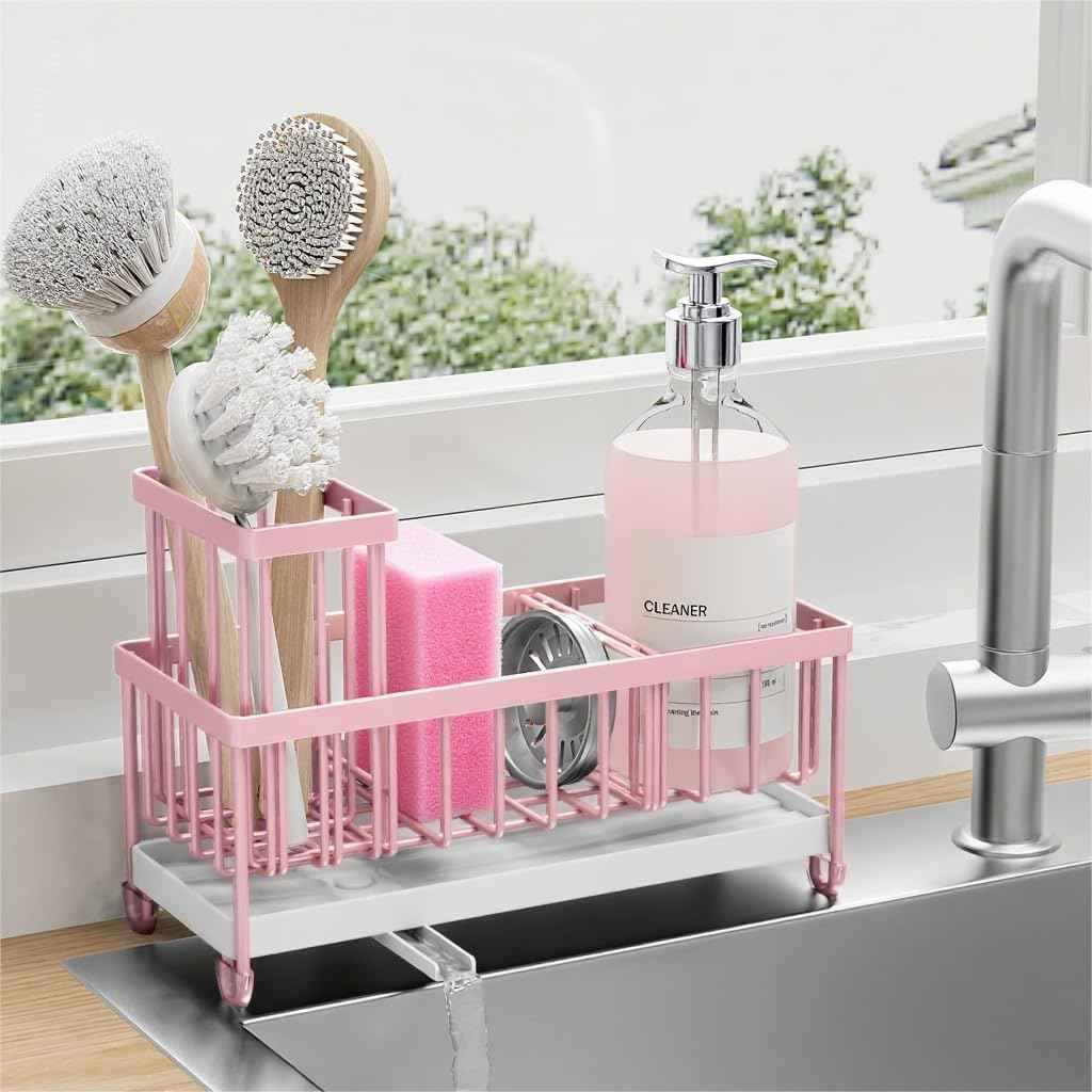 Cisily Silver Sponge Holder for Kitchen Sink, Sink Caddy Organizer with High Brush Holder, Kitchen Countertop Organizers and Storage Essentials, Rustproof 304 Stainless Steel, Soap Dispenser Organize