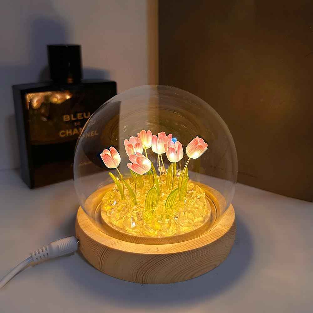 Birthday Gift for Women, Flower Night Light USB Tulip Table Lamp with Wooden Base and Glass Cover for Home Decor Ideal Anniversary Christmas Gift for Mother Wife Sister Daughter Girlfriend and Kids