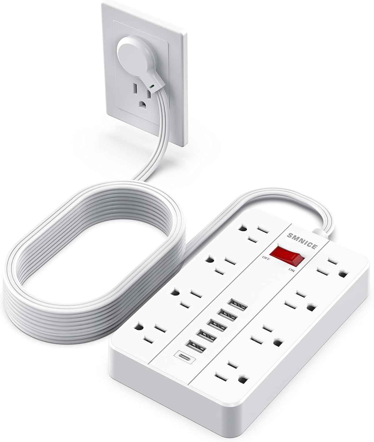 Power Strip with USB,Surge Protector Flat Plug with 8 Widely Spaced Outlets and 6 USB Ports(1 USB C), 5ft Extension Cord Wall Mountable Phone Tablet Laptop Computer Multiple Devices