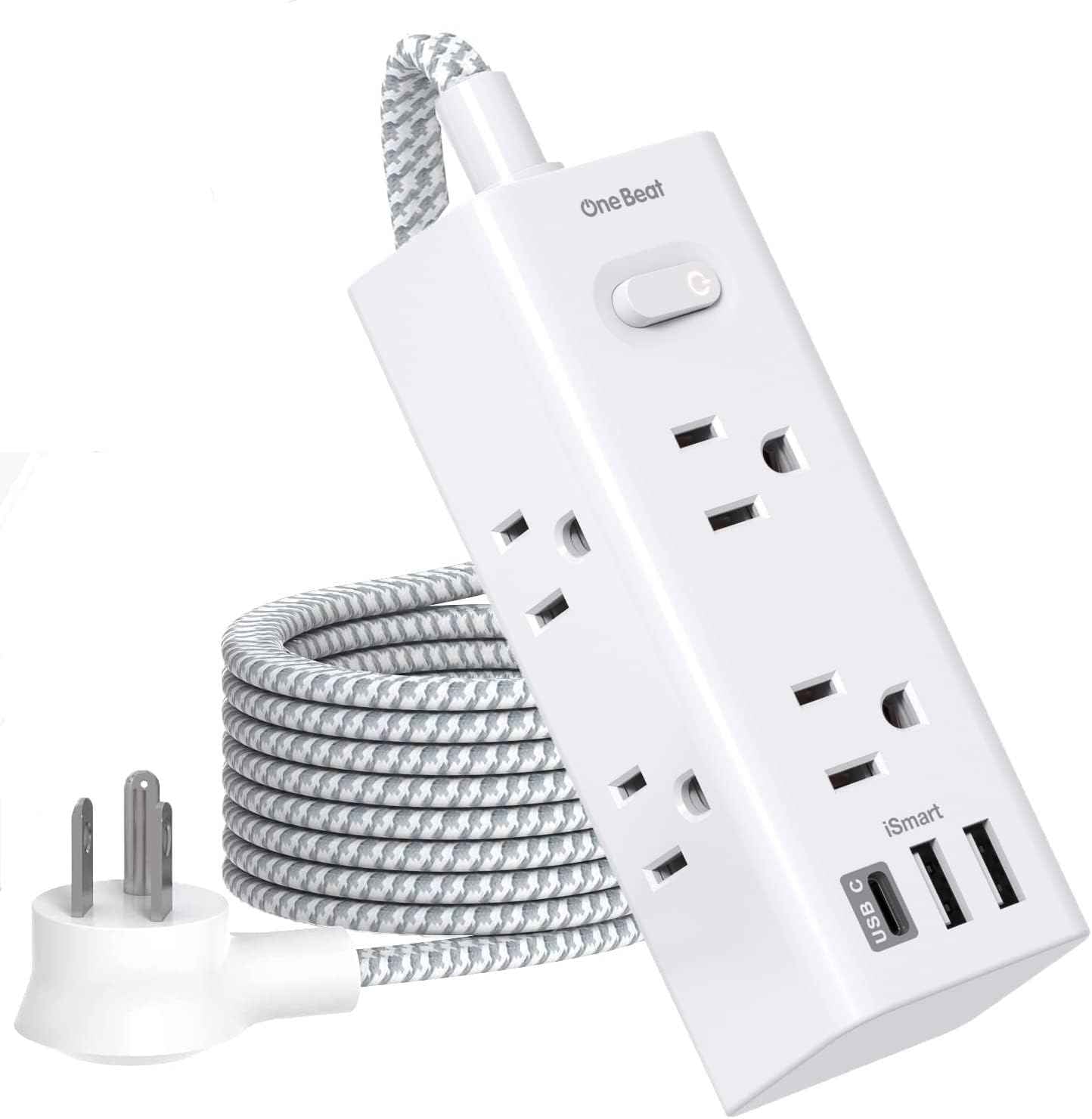 Power Strip Surge Protector - One Beat 6 Widely Outlets with 3 USB Ports (1 USB C), 5 Ft Extension Cord Flat Plug, Wall Mount Outlet Extender Small Power Strip for Travel Home Office College Dorm Room