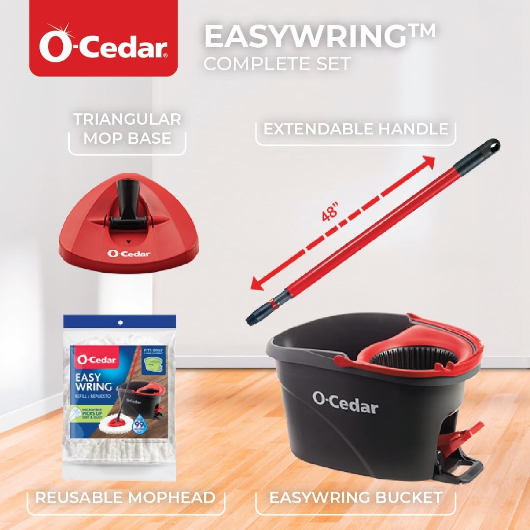O-Cedar EasyWring Microfiber Spin Mop, Bucket Floor Cleaning System, Red, Gray, Standard - Rayz Mart