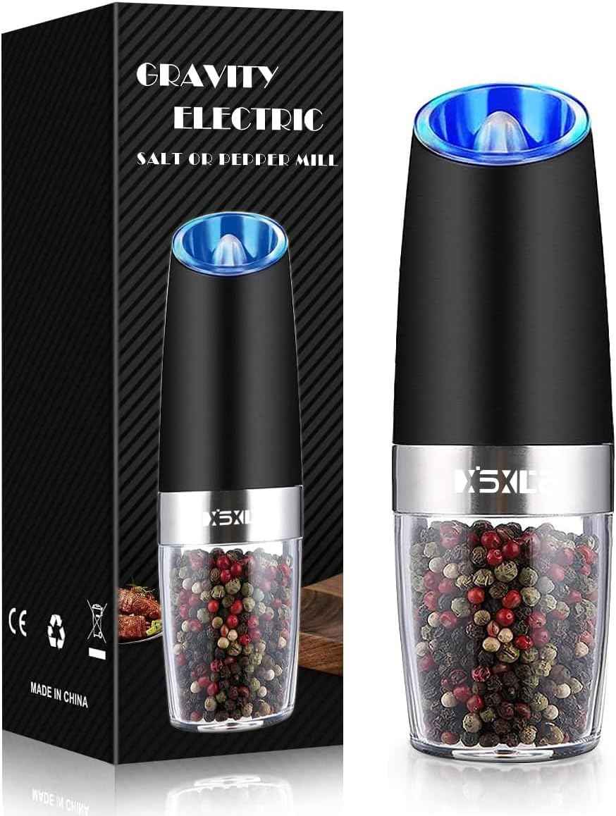 XinXu Gravity Electric Pepper and Salt Grinder Set, Adjustable Coarseness, Battery Powered with LED Light, One Hand Automatic Operation, Black -2 Pack