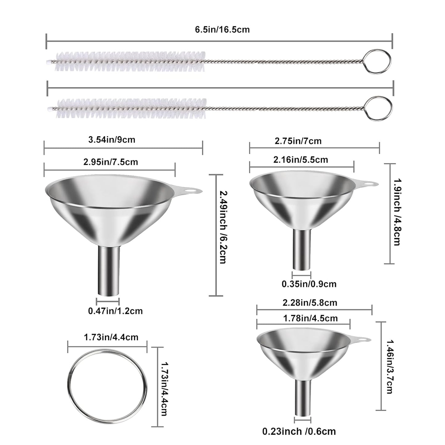 Metal Stainless Steel Funnel, Large Medium Small Funnel Set of 3, Food Grade Mini Funnels for Kitchen Use Filling Bottles Flask Cooking, 2 Brushes YLYL