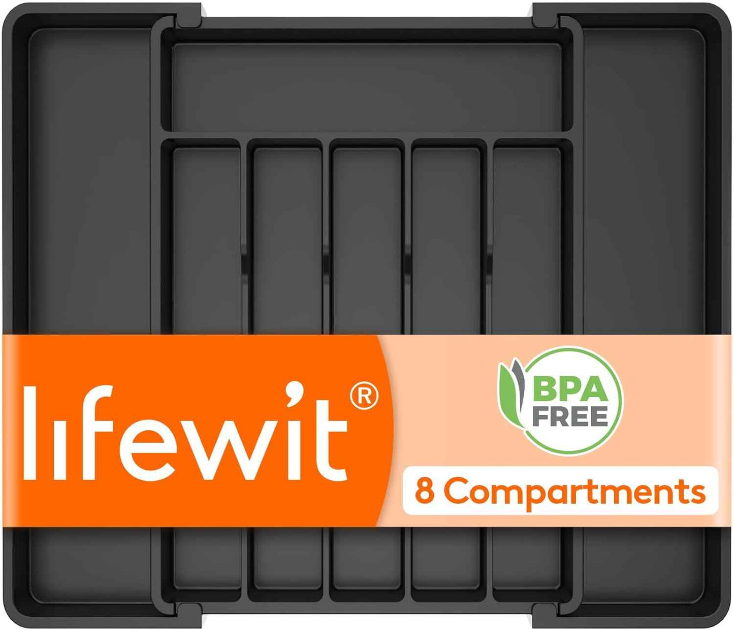 Lifewit Large Silverware Drawer Organizer, Expandable Utensil Tray for Kitchen, BPA Free Flatware and Cutlery Holder, Adjustable Plastic Storage for Spoons Forks Knives, Large, Black