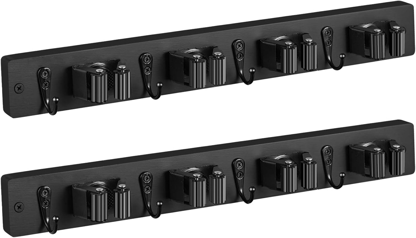 Mop and Broom Holder Wall Mount - Rustic Wood Broom Mop Hanger - Wall Mounted Garden Tool Rack Organizer for Closet Garage Laundry Room Kitchen Decor With 4 Slots & 4 Hooks - Rayz Mart