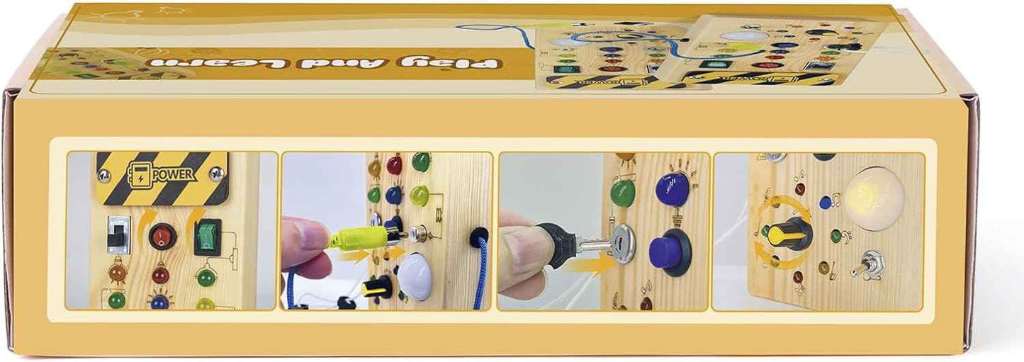 Hoarosall Montessori Wooden Busy Board with 8 LED Light switches, Sensory Toys Light Switch Travel Toys for 1+ Year Old Baby and Toddler