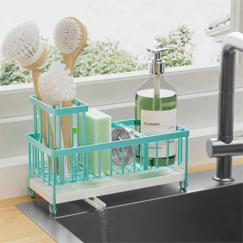 Cisily Silver Sponge Holder for Kitchen Sink, Sink Caddy Organizer with High Brush Holder, Kitchen Countertop Organizers and Storage Essentials, Rustproof 304 Stainless Steel, Soap Dispenser Organize
