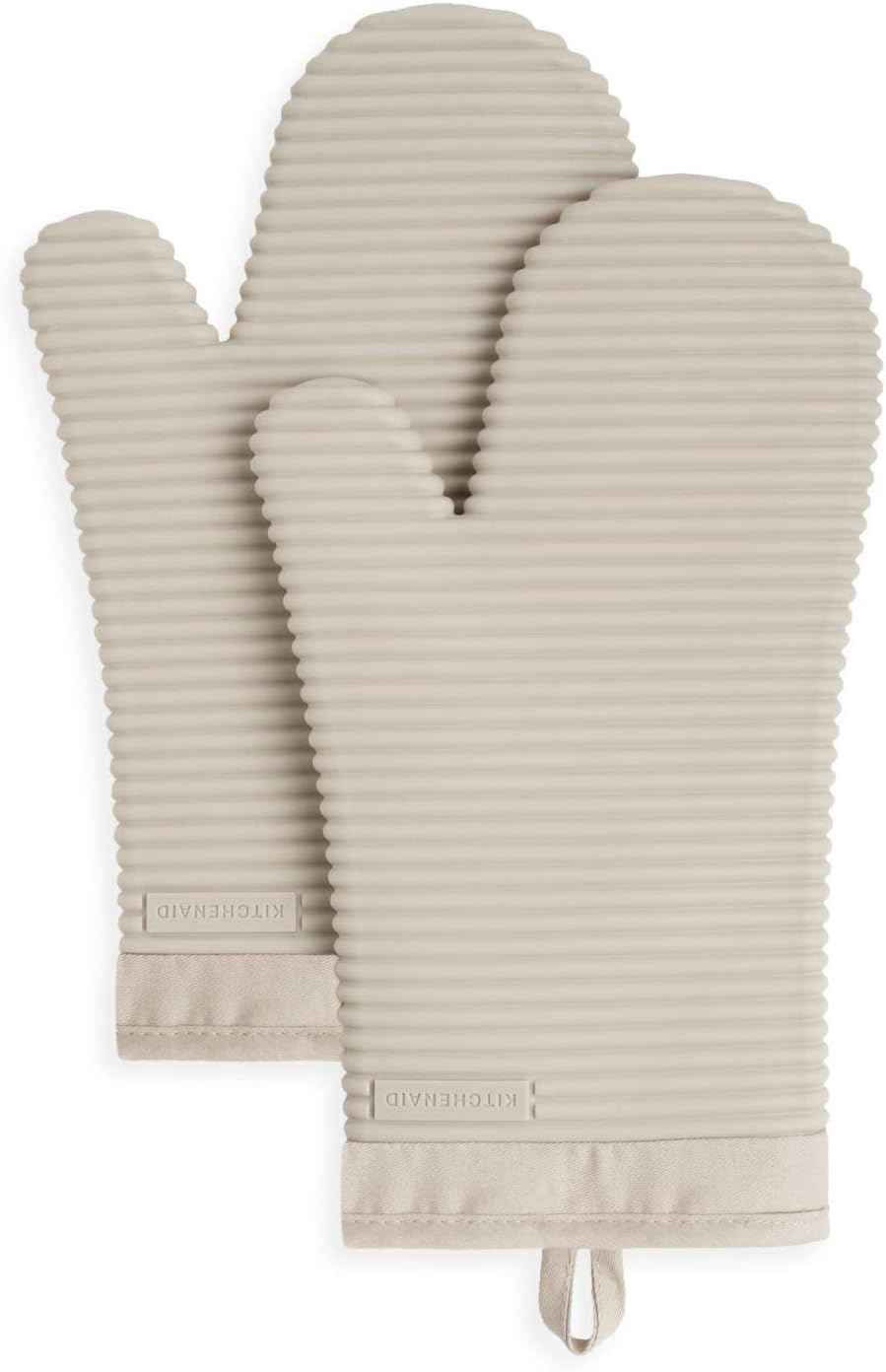KITCHENAID Ribbed Soft Silicone Oven Mitt 2-Pack Set, 7.5"x13", Milkshake