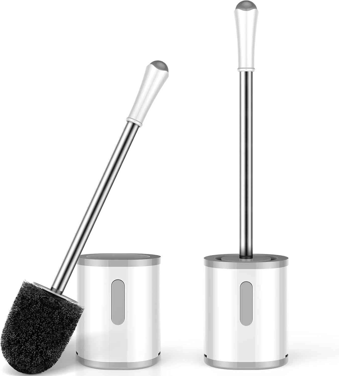 Compact Toilet Brush & Holder, Stainless Steel Handle, Space Saving for Storage, Deep Cleaning, Drip-Proof, Easy to Assemble, Nylon Bristles, White & Grey