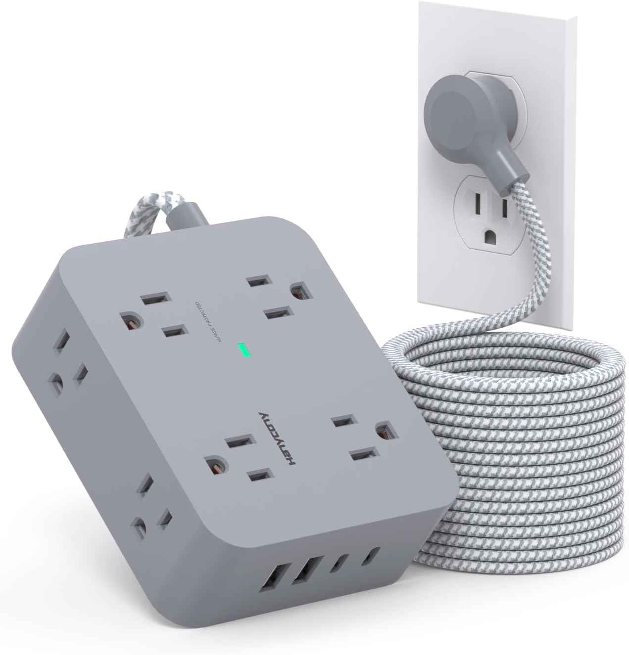 Surge Protector Power Strip - HANYCONY 8 Outlets 4 USB (2 USB C) Charging Ports, Multi Plug Outlet Extender, 5Ft Braided Extension Cord, Flat Plug Wall Mount Desk Charging Station for Home Office ETL
