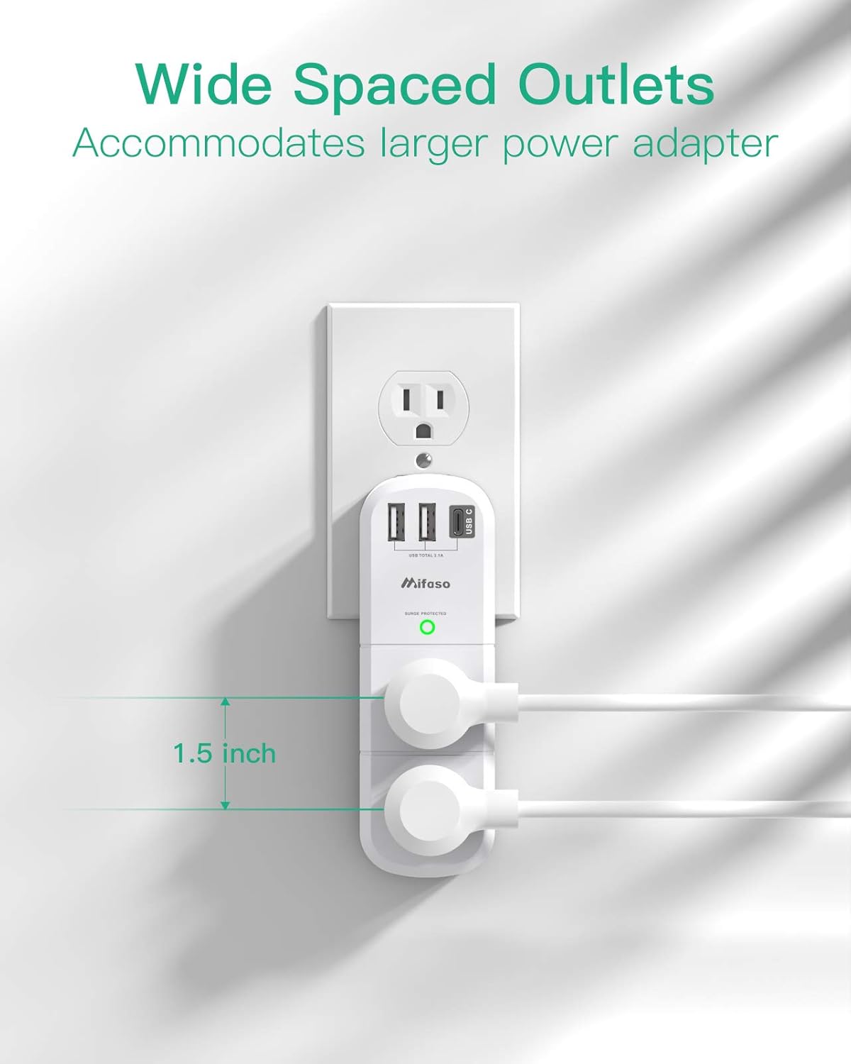 Mifaso Outlet Extender with Rotating Plug – 6 AC Outlets & 3 USB Ports, 1800J Surge Protector 3-Sided Swivel Wall Power Strip for Home & Travel