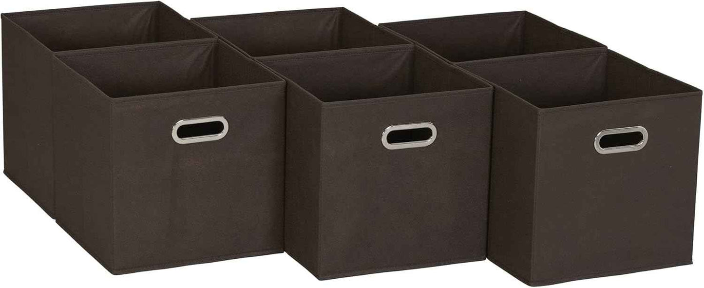 Household Essentials Foldable Fabric Storage Bins 6 Piece Set, Strong Poly-Woven Fabric, Sturdy Chipboard Sides, Grommet Front Handle, Stackable and Foldable, Classic Design, Black