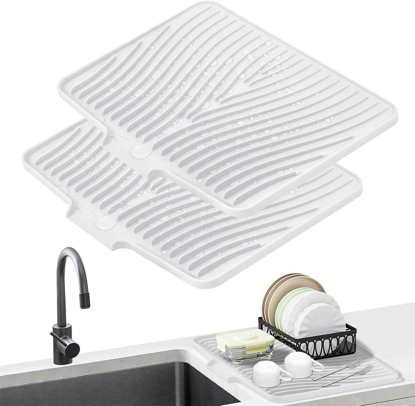 Silicone Dish Drying Mat for Kitchen Counter, Dish Drying Pad, Non-Slip Drain Pad with Built-in Drain, Heat Resistant Stone Drying Mat(15.8" x 13", Grey)