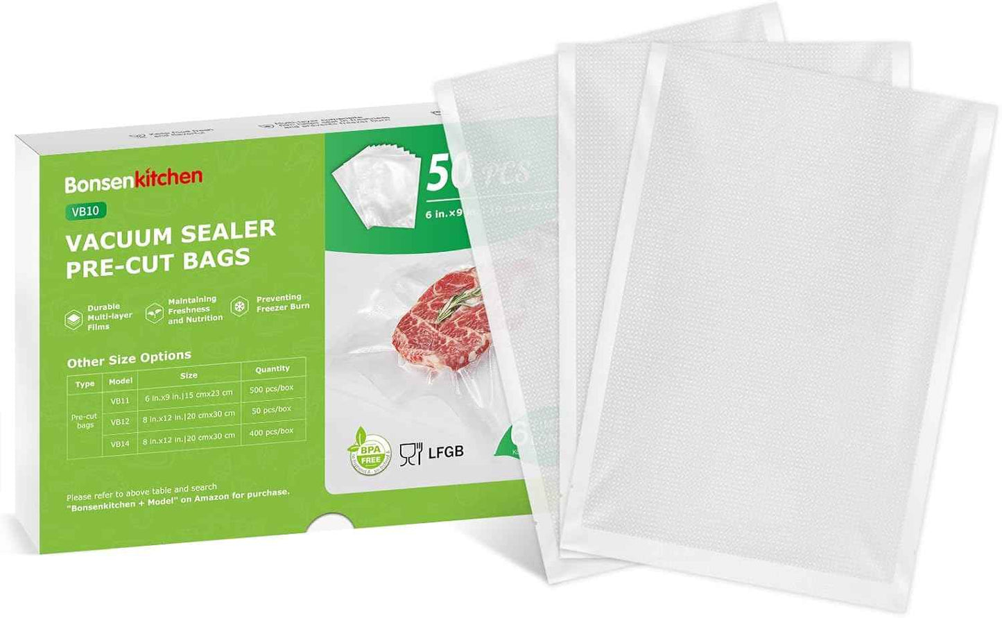 Bonsenkitchen Vacuum Sealer Bags, 50 Quart 8" x 12" Precut Food Sealer Bags, Commercial Grade, BPA Free, Heavy Duty, Customized Size Vacuum Bags for Vac Storage, Meal Prep or Sous Vide Cooking, VB12