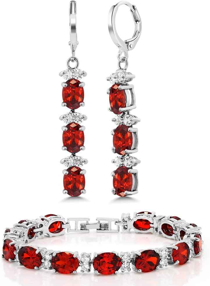 Gem Stone King 7 Inch Red and White CZ Bracelet Set With Matching 2 Inch Oval shape Dangle Earrings | Red and White, Matching, Oval shape, 7 Inch, 2 Inch