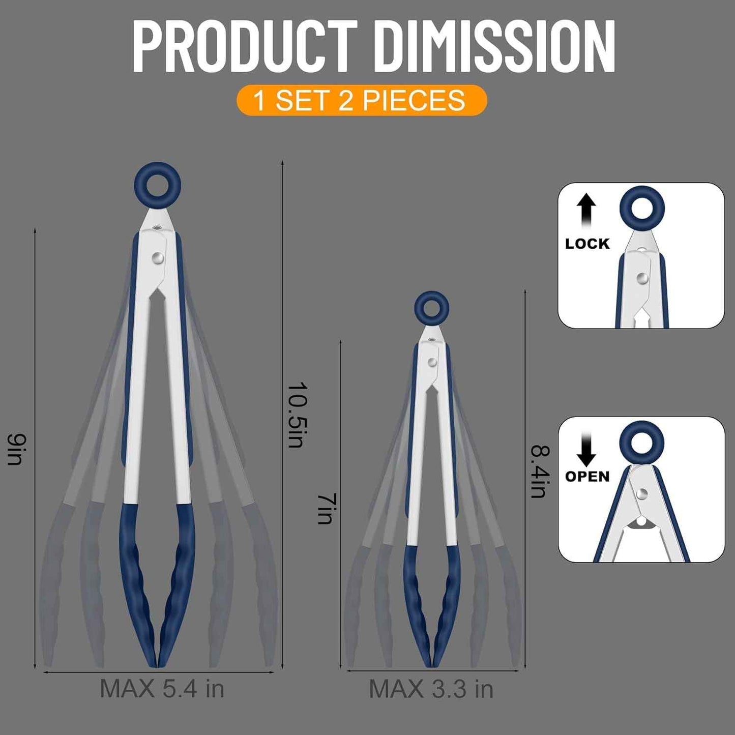 HOTEC Premium 7 & 9 Inch Kitchen Tongs, Stainless Steel Locking Cooking Tongs with Silicone Tips, Non-Scratch & Heat Resistant, Serving Tongs for Salad, BBQ, Classic Blue, Set of 2