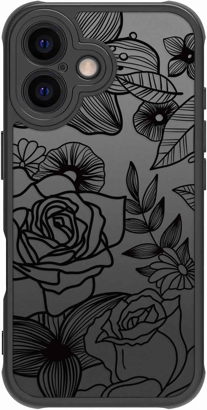 Girly Flower Case Compatible with iPhone 17 Pro Max, Cute Rose Aesthetic Black Line Art Floral Pattern Print, Anti Fingerprint PC Heavy Duty Protection Cases Cover for Girls Women